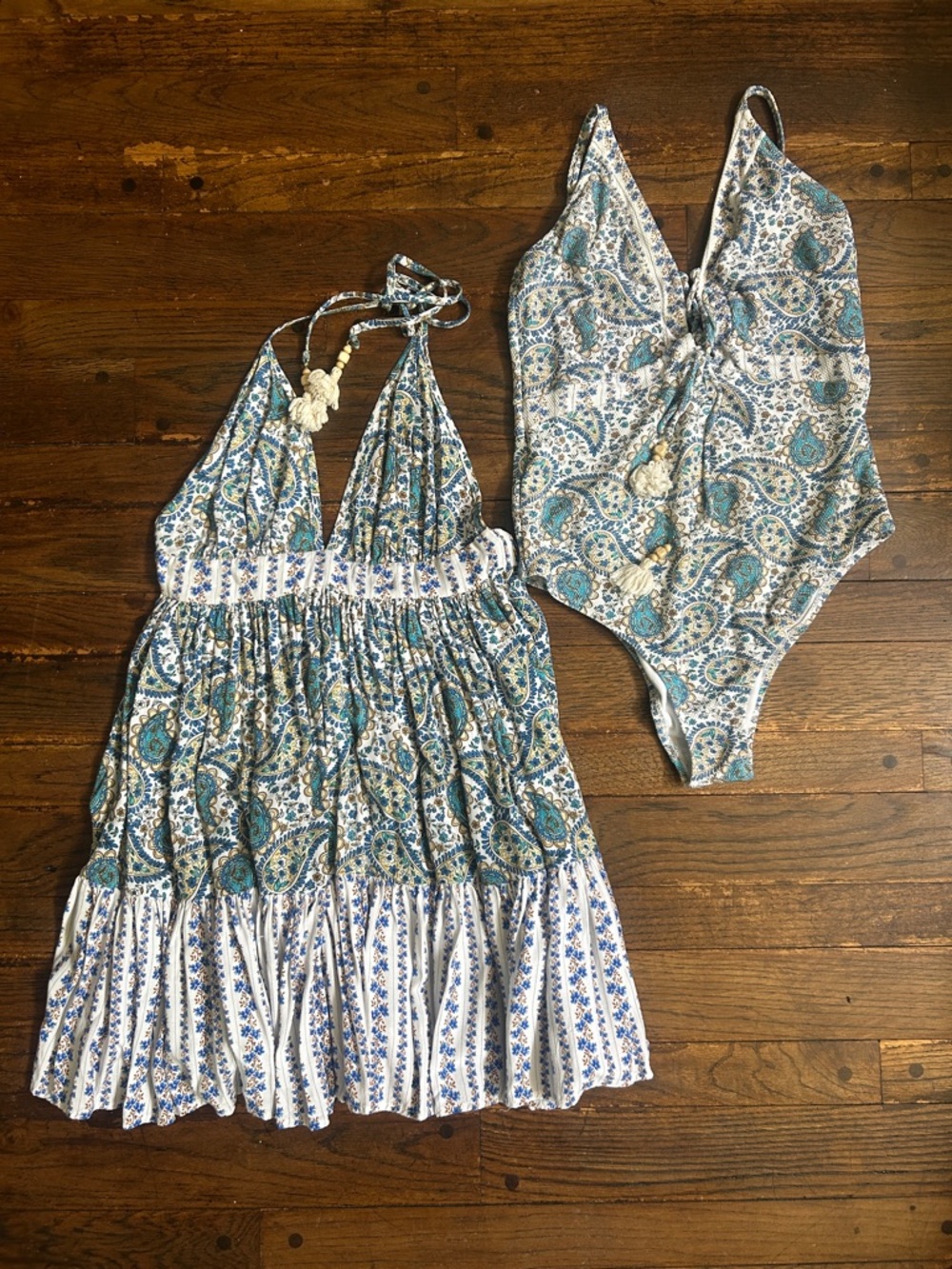 Jessica Simpson Blue and White Paisley One-Piece Swimsuit and cover up.